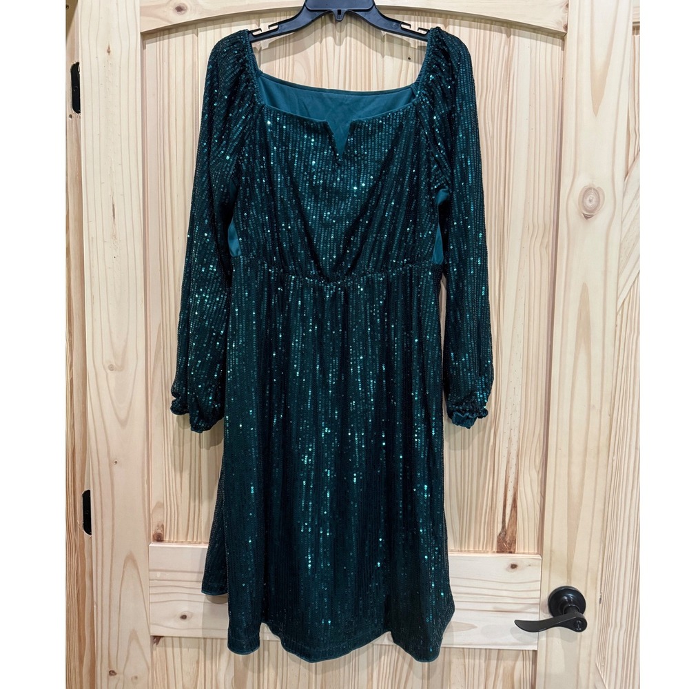 Bloomchic Dark Green Sequin Long Sleeve Cocktail Dress Plus Size 14-16 Holiday
